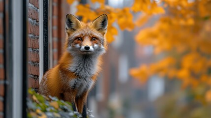 Obraz premium A fox sits near a brick wall, surrounded by autumn foliage.