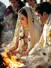 A Moment of Sacred Union, Traditional Indian Wedding Ceremony with Bride Adorned in Gold, Fire Lighting Path to Love and Family,