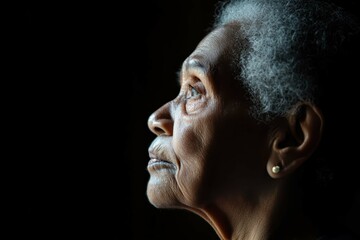 Elderly woman gazes thoughtfully into the distance, illuminated by soft light