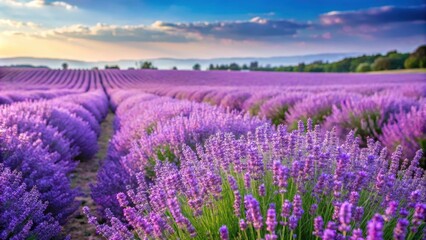 Naklejka premium Lavender field in full bloom with organic purple flowers swaying in the summer breeze , nature, outdoors, landscape