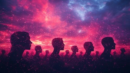 Silhouettes of Connected Minds Under a Vibrant Sunset Sky