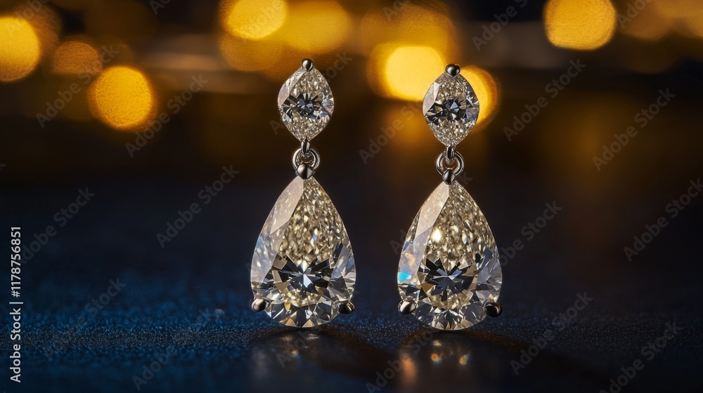 Poster A beautiful close-up of a pair of diamond drop earrings, captured in natural light to showcase their sparkle and the craftsmanship of their design