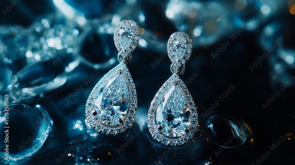 Poster A beautiful close-up of a pair of diamond drop earrings, captured in natural light to showcase their sparkle and the craftsmanship of their design
