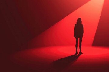 Standing in a Red Spotlight, a Figure Captures Attention in a Dimly Lit Space