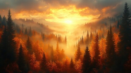 Obraz premium A serene forest landscape at sunset, showcasing vibrant colors and misty atmosphere.