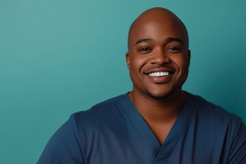 Obraz premium smiling male nurse wearing scrubs on the blue studio background