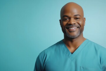 Obraz premium smiling male nurse wearing scrubs on the blue studio background