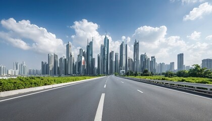 Empty asphalt road stretching through modern city skyline under a vibrant blue sky.