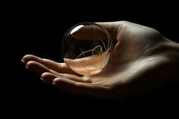 Unique glass sphere containing delicate fibers held in a hand against a dark background