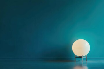 Minimalist lamp illuminates empty room with teal wall during evening ambiance