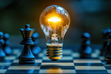 Light bulb hovering above a chessboard symbolizing ideas and strategy in a creative setting