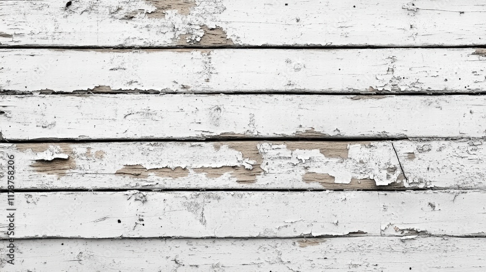 Poster old white wood board with peeling paint and distressed texture in chaotic arrangement for background