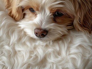 Fluffy puppy resting peacefully on soft white fur with gentle expression and relaxed eyes