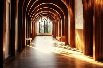 Fototapeta premium Tranquil Elegance: Sunlit Wooden Arched Hallway Interior