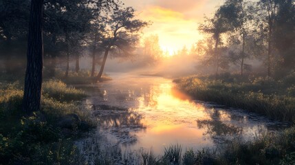 Obraz premium Serene landscape at sunrise over a misty river.