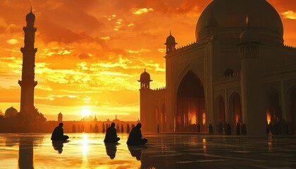 Golden Hour Prayers, Silhouettes at Mosque Amidst a Fiery Sunset, Reflecting Devotion and the Beauty of Islamic Architecture
