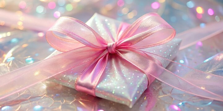 Pastel pink ribbon tied in a bow on shimmering iridescent gift wrapped in cellophone, pink, ribbon, bow, shimmering