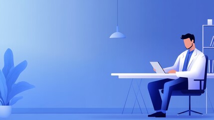 A professional in a white coat working on a laptop in a modern office setting.