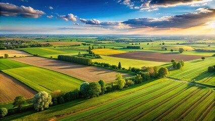 Obraz premium Panoramic view of lush fields in the Po Valley, featuring a beautiful landscape of farmland stretching into the horizon