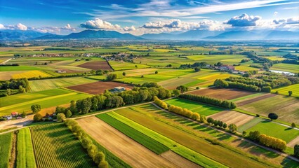 Fototapeta premium Panoramic view of the picturesque Po Valley fields in Italy, Po river, Po Valley, fields, agriculture, landscape, countryside