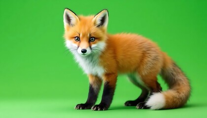 Obraz premium Adorable Red Fox Kit: Vibrant Fur, Green Background