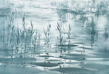 Waves on the lake and grass in grey watercolor background