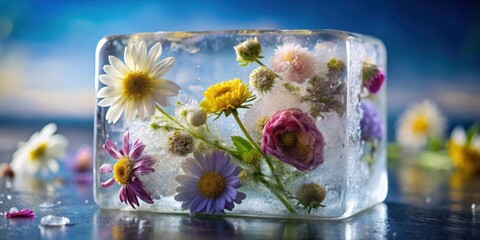Frozen flowers captured inside a clear ice cube, frozen, flowers, ice cube, cold, icy, frozen world, nature, preserved, beautiful