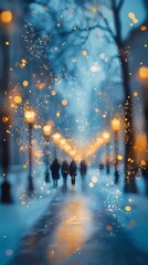 Enchanting winter forest road with glowing blurred bokeh lights background.