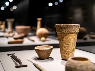 Ancient pottery and tools displayed in museum exhibit on history