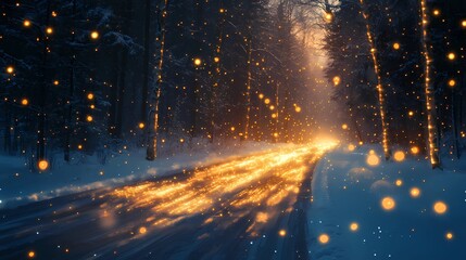 Enchanting winter forest road with glowing blurred bokeh lights background.
