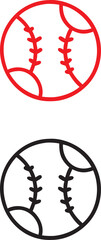 Baseball icons, simple line drawings, red and black outlines, circular designs, stylized stitching patterns, minimalist sports symbols, vector graphics, clean shapes, monochrome illustrations, athleti