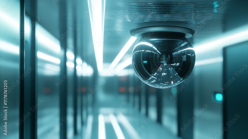 Poster a close-up of a dome-shaped security camera on a smooth metal ceiling inside a sleek, futuristic bui