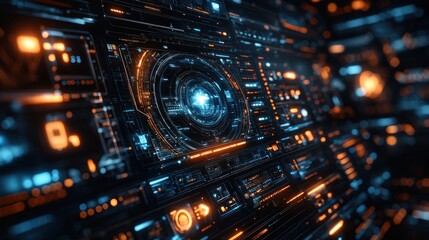 Obraz premium Abstract digital landscape showcasing glowing circuits and futuristic elements.