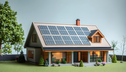 Solar panels on the gable roof of a beautiful modern home, papercraft, with white tones