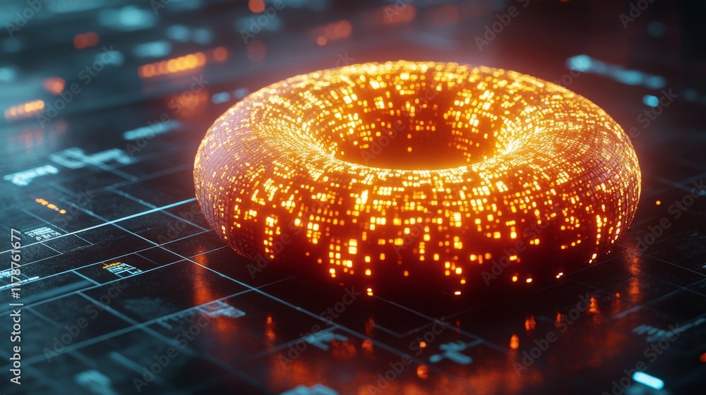 Poster a close-up of a futuristic d donut chart with segmented, glowing parts, floating above a digital gri