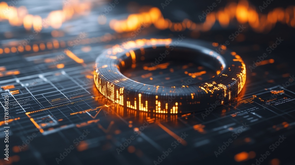 Poster a close-up of a futuristic d donut chart with segmented, glowing parts, floating above a digital gri