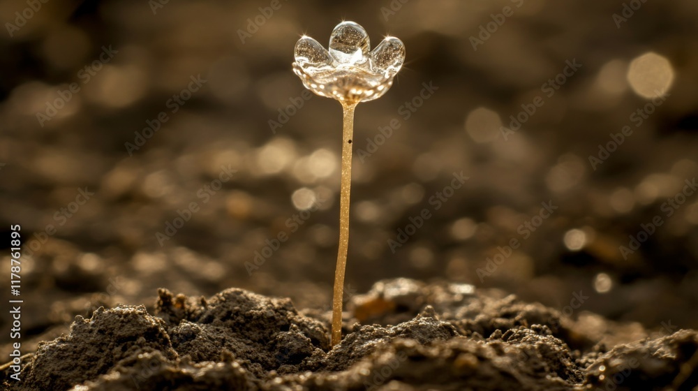 Poster a close-up of a mushroom stem with tiny water droplets on its surface, set against a blurred backgro