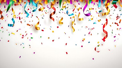 Colorful ribbons and confetti falling on white background