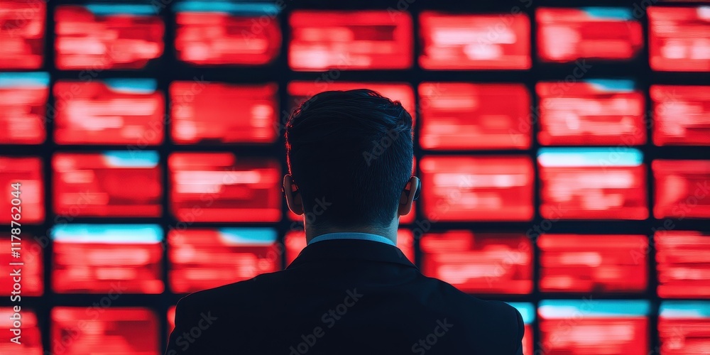 Poster individual observing multiple screens with red visuals.