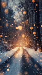 Enchanting winter forest road with glowing blurred bokeh lights background.