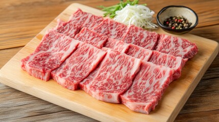 Fototapeta premium A close-up of a selection of fresh cuts of beef arranged on a wooden cutting board, showcasing the marbling and vibrant red color of the meat against a rustic backdrop