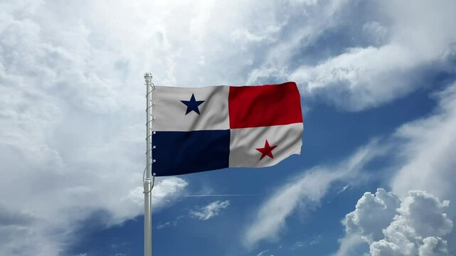 Panama Flag Waving Majestically on a Flagpole Against a Clear Blue Sky in Gentle Wind