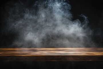 Empty Wooden Table with Smoke Against a Dark Background, Ideal for Culinary, Product Photography and Creative Composition Ideas