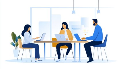 A group collaborating at a table with laptops in a modern office setting.