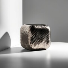 Abstract metallic cube with a smooth wavy texture placed in white room. Abstract art, Modern exhibition