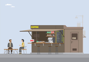 an illustration of an open coffee shop with a coffee sign and couple sitting in enjoyment