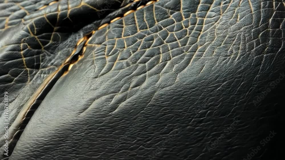 Poster close-up view of textured black leather showcasing intricate patterns and stitches under soft lighti