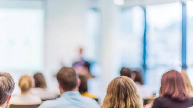 Seminar Attendees Listening – A blurred image of seminar attendees focused on a speaker at the front.
