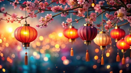 Festive Asian night scene with vibrant lanterns, blossoms, and soft bokeh , festive, asian, night, scene, lanterns
