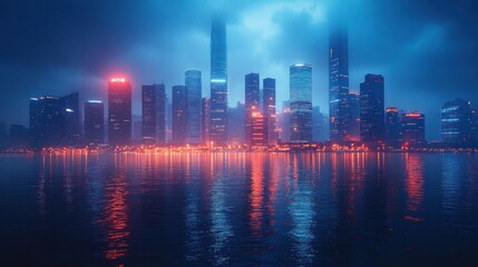 Fototapeta premium A futuristic city skyline illuminated by neon lights, reflected in a calm water surface.